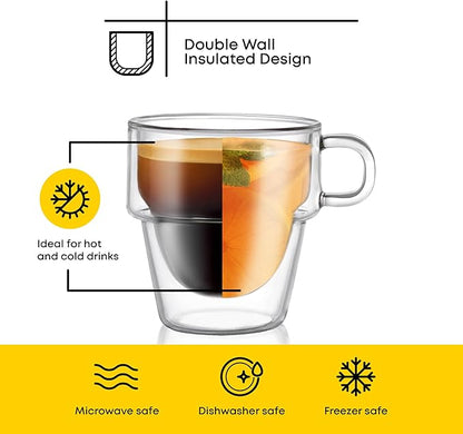 JoyJolt Stoiva Double Wall Insulated Espresso Glass Cups – 5 oz. (150 ml) Shot Cup with Handle – Stackable Thermal Clear Glass Cups, Fit for Espresso Machine and Coffee Maker – Set of 4