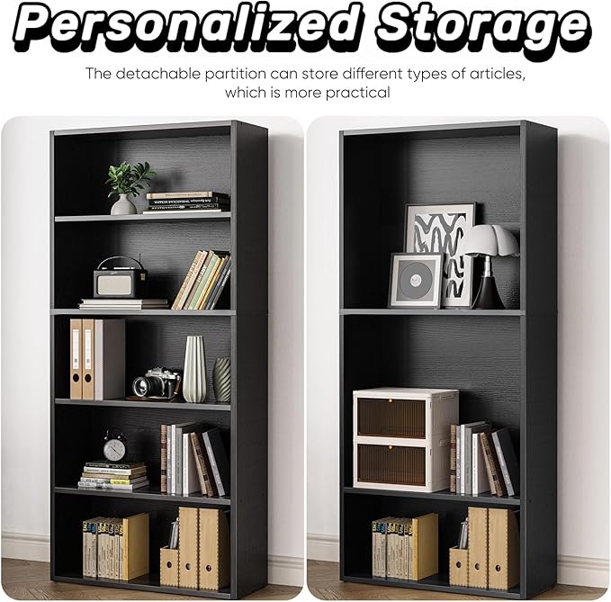 5 Tier Book Shelf, Tall Display Bookcase Modern Wood Bookshelf, 5 Shelf Bookcase Storage Organizer for Garage Kits/CDs/Books/Movies, Black Bookshelf for Home Office Living Room