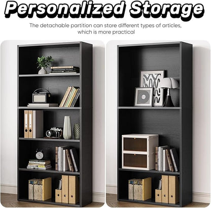 5 Tier Book Shelf, Tall Display Bookcase Modern Wood Bookshelf, 5 Shelf Bookcase Storage Organizer for Garage Kits/CDs/Books/Movies, Black Bookshelf for Home Office Living Room