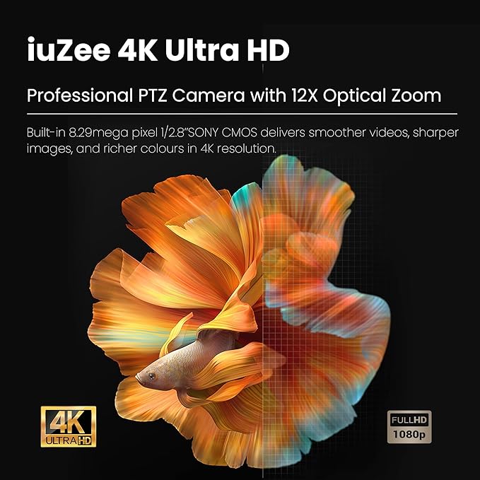 UHD 4K HDMI/USB3.0 PTZ Camera with 12X Optical Zoom, 90° FOV Wide Angle Lens, Video Conference Room Camera,Live Streaming for Church Worship, Work with Zoom Webex OBS YouTube Facebook