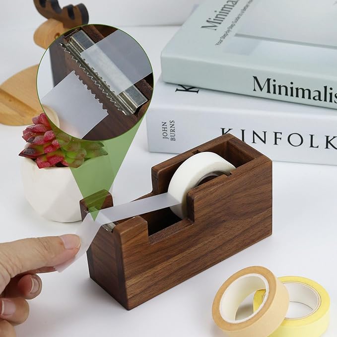 MultiBey 3pcs Walnut Office Supplies Desk Organizers, Wooden Sticky Notes Pad Holder Post it Dispenser, Paper Clips Holder and Tape Dispenser Cutter for Office Home School