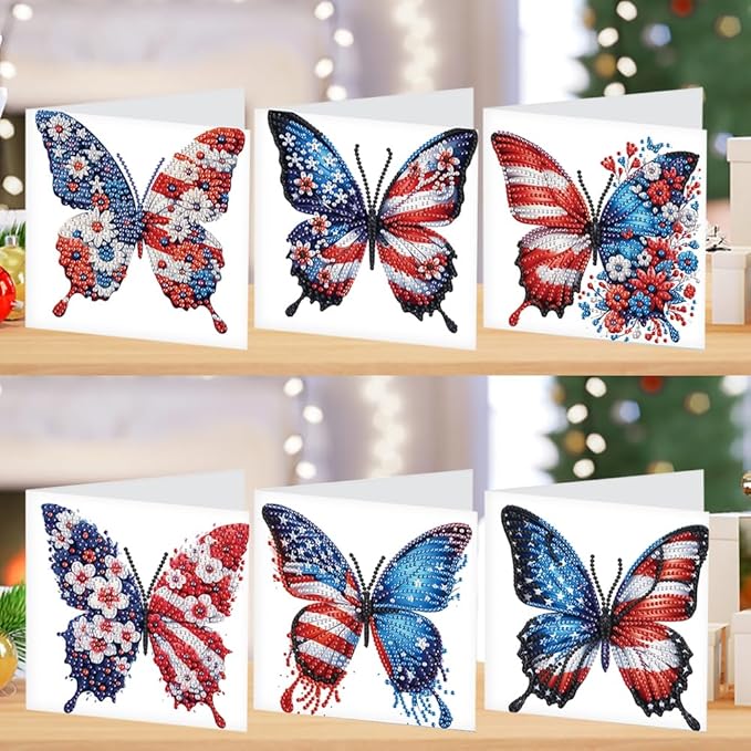 6PCS Diamond Art Painting Greeting Card Set, US Flag Butterfly Pattern DIY Cards with Envelopes for Xmas Birthdays Special Occasion Blessing
