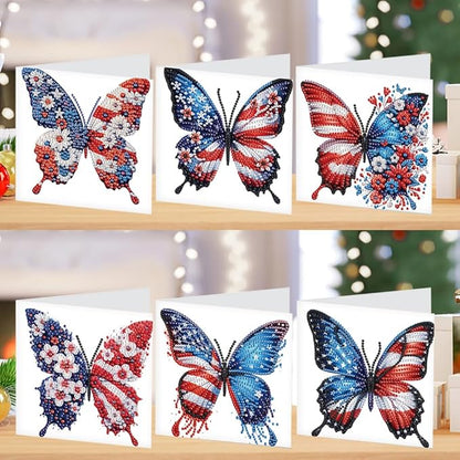 6PCS Diamond Art Painting Greeting Card Set, US Flag Butterfly Pattern DIY Cards with Envelopes for Xmas Birthdays Special Occasion Blessing