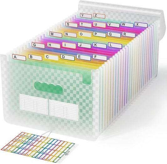 ABC life 26 Pockets Accordian File Folder Organizer Letter Size Expanding File Folder, A4 Portable Document Paper School Organizer, Expandable Multicolor Accordion Filing Folders with Labels(Green)