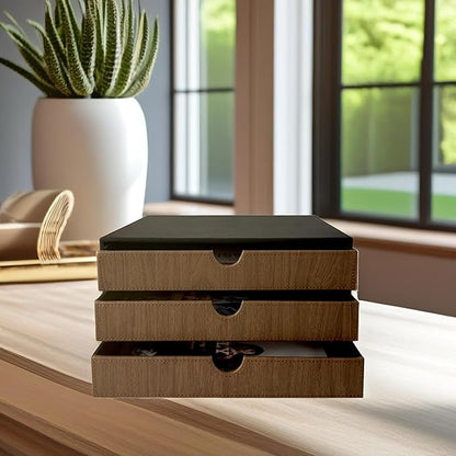 UnionBasic Document Organizer, 3-Drawer File Cabinet Document Storage Box, Office Desktop Filing Organizer, Black with Wood Grain Drawers