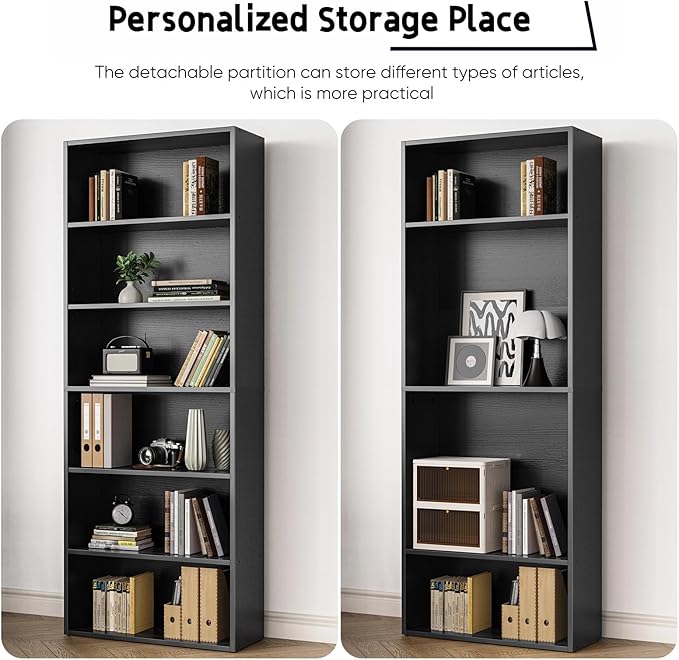 6 Tier Book Shelf, Tall Display Bookcase Modern Wood Bookshelf, 6 Shelf Bookcase Storage Organizer for Garage Kits/CDs/Books/Movies, Black Bookshelf for Home Office Living Room