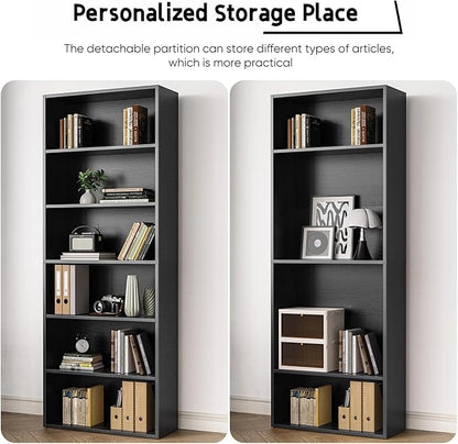 6 Tier Book Shelf, Tall Display Bookcase Modern Wood Bookshelf, 6 Shelf Bookcase Storage Organizer for Garage Kits/CDs/Books/Movies, Black Bookshelf for Home Office Living Room