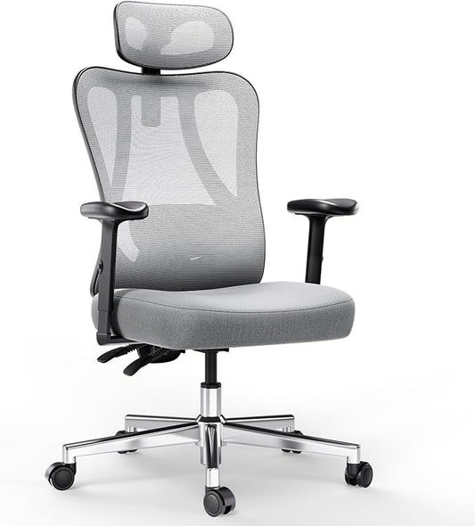Hbada P3 Ergonnomic Office Chair with 2D Adjustable Lumbar Support, Office Chair with Adjustable Headrest and Armrest, 145° Stepless Tilt Function, Grey(No Footrest)