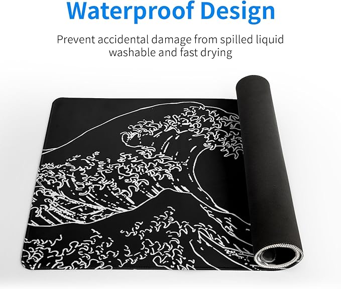 Japanese Sea Wave Gaming Mouse Pad 27.6x11.8 Inch Anime Black Large Mousepad Extended Kanagawa Mousepad Gaming Non-Slip Rubber Base Stitched Edges Keyboard Mouse Mat Desk Pad for Office Home Game