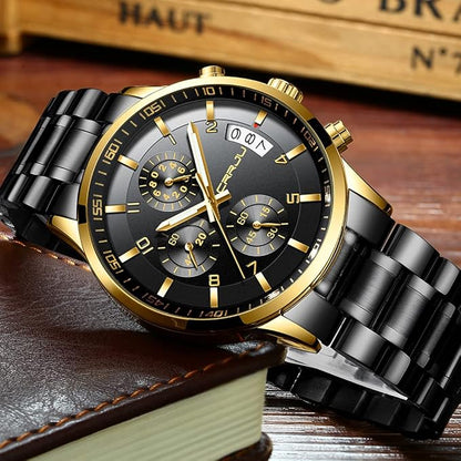 CRRJU Men's Fashion Stainless Steel Watches Date Waterproof Chronograph Wristwatches,Black Steel Band Waterproof Quartz Watch for Men