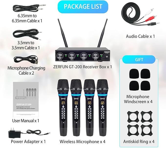 Pro Rechargeable Wireless Microphone System 4 Channel, UHF Metal Handheld Wireless Microphones Cordless Mics with Echo Treble BASS VOL Channel Control for Karaoke Singing Church(GT-200)