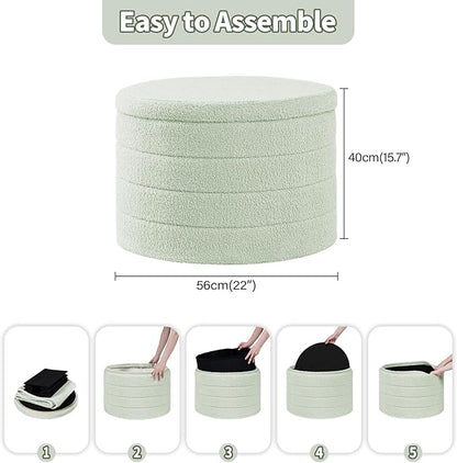 PINPLUS Round Ottoman with Storage, Foldable Sherpa Ottoman Stool with Tray,Boucle Foot Rest for Living Room, Bedroom, Dorm(Green)