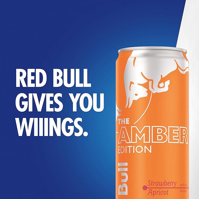 Red Bull Amber Edition Energy Drink, Strawberry Apricot, with 114mg Caffeine plus Taurine & B Vitamins, 12 fl oz, Pack of 4 Cans