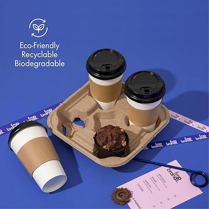 FMP Brands 4 Cup Disposable Drink Carrier Trays, 45 Pack Compostable Pulp Fiber Cup Holder for 8-32 oz Cup, Durable to Go Coffee Cup Holders for Delivery Service, Uber Eats