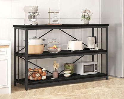 IBF Low Horizontal Book Shelf, Industrial Modern 3 Tier Bookshelf, Farmhouse Short Open Storage Organizer Long Shelf, Simple Wide Wood Metal Sturdy Etagere for Bedroom Living Room, Black Oak, 47 in