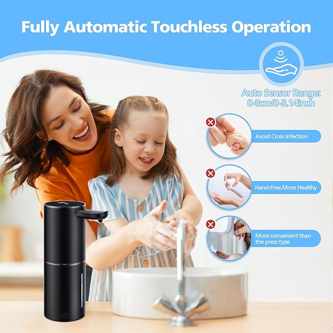 Automatic Liquid Soap Dispenser, 15.55 oz/460mL USB C Rechargeable Soap Dispenser, 5 Adjust Volume Touchless Hand Sanitizer Dispenser, Motion Sensor Waterproof Pump for Bathroom Kitchen (Black)