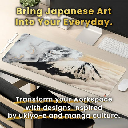 BELLEMOND Japanese Art Desk Mat | Large 31.5x11.8in Desk Pad | Mouse Pad for Keyboard & Mouse | Non-Slip Base, Water-Repellent, Smooth Precision | Guardian of Fuji