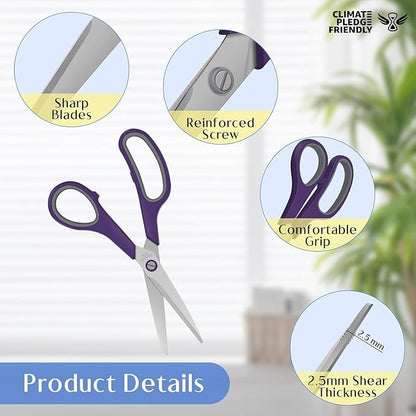 6 Pack All Purpose Scissors, 8.3" Stainless Steel Scissor With Ergonomic Soft-Grip Handles, Sharp Blades Scissors for Office, School, Kitchen, Crafts, Sewing, Left and Right Hand Use (6 Colors)