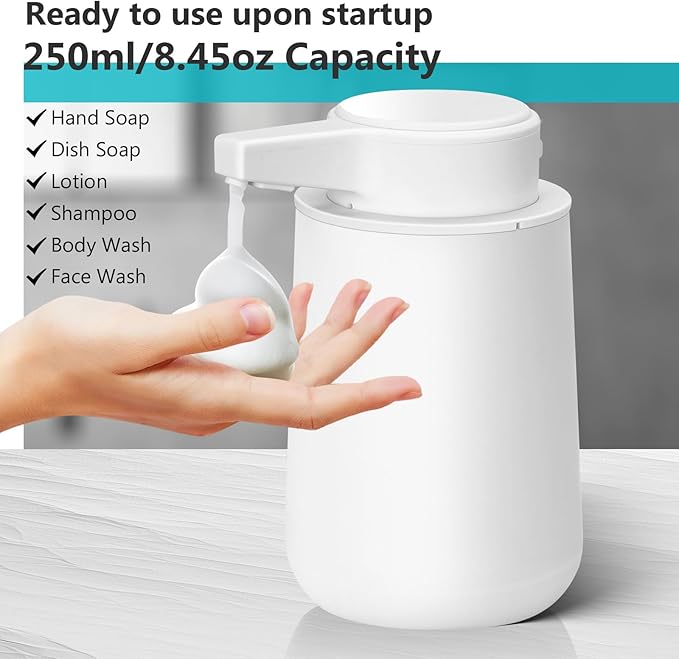Automatic Soap Dispenser Foaming Touchless: 9oz Plastic White Modern Rechargeable Electric Auto Foam Soap Dispenser - Bathroom Kitchen Hand Dish Lotion