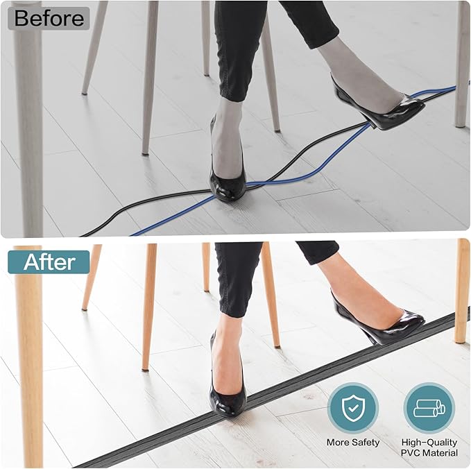 Floor Cord Cover Self Adhesive Cord Hider Floor Extension Cord Covers for Floor Power Cord Protector Cable Management Prevent Cable Trips Cable Cavity 0.51" W x 0.31" H (Deep Grey Wood, 3.3Ft)