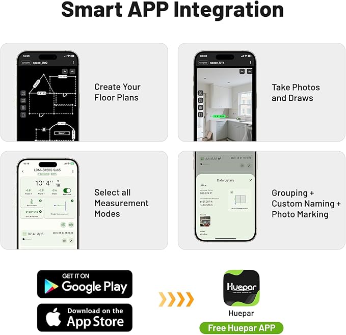 395FT Bluetoothed Green Laser Measuring Tool with Angle Sensor, Huepar 1/16in Accuracy Laser Distance Measurement Tool, Digital Laser Room Measuring Device, Laser Distance Meters