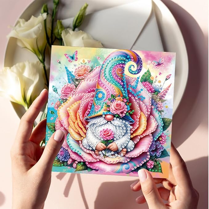 6pcs DIY Rose Gnome Diamond Art Painting Greeting Cards Kit, Rhinestone Art Holiday Birthday Card Set with Envelopes, DIY Festival Craft for Girlfriend, Christmas Valentine Gift Making Supplies