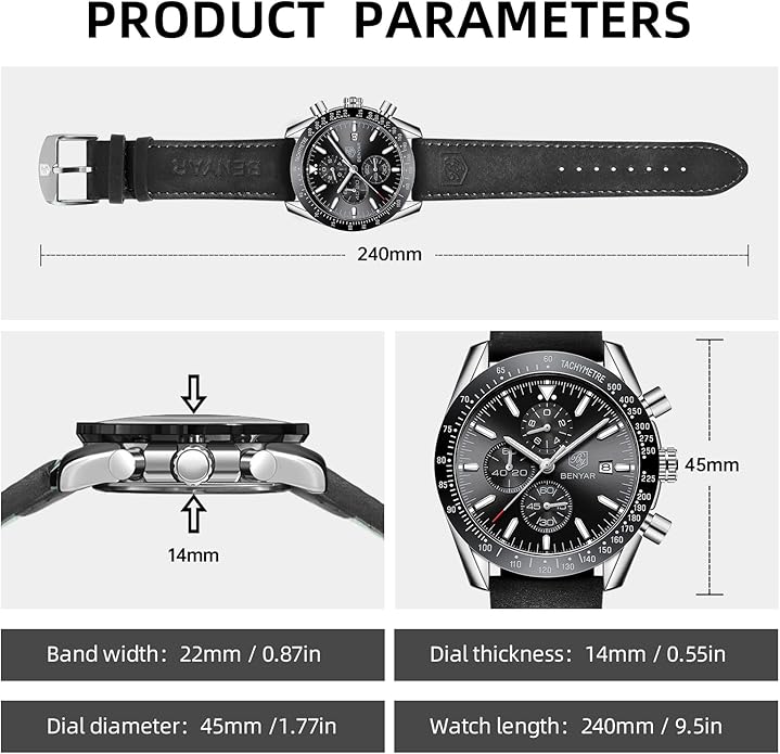 BY BENYAR Watch for Men Analog Quartz Chronograph Waterproof Luminous Designer Mens Wrist Watches Business Work Sport Casual Dress Watch with Silicone Strap Elegant Gifts for Men