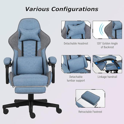 Gaming Chair, Computer Office Chair with Footrest, Linkage Armrests and Lumbar Support, High Back Ergonomic Gamer Chairs for Adults, Blue Fabric