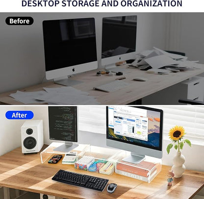 OPNICE Clear Acrylic Desk Organizers and Accessories, Dual Computer Monitor Stand Riser with Drawer, Desk Shelf for Monitor, Workspace Desktop Organization for Office Supplies