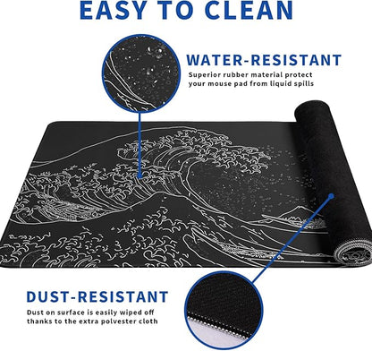 Japanese Gaming Mouse Pad Abstract Black Mouse Pad 31.5x11.8 Inch Black Sea Wave Texture Non-Slip Rubber Base Large Ocean Mousepad Stitched Edges Keyboard Mouse Mat Desk Pad for Office and Home