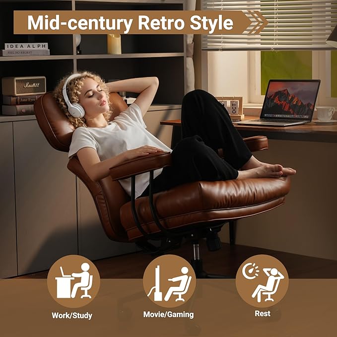 Ergonomic High Back Office Chair, PU Leather Home Office Desk Chairs with Wheels, Lumbar Support Swivel Computer Chair with Rocking Function, Brown