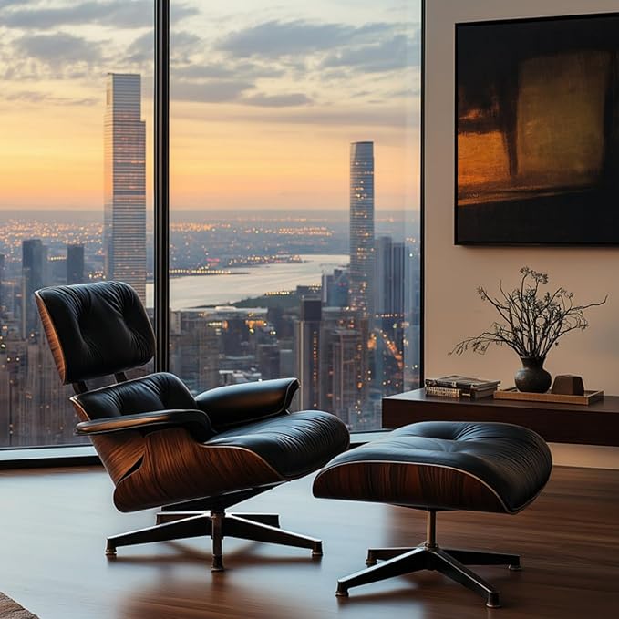 Mid Century Chaise Lounge Chair with Ottoman, Top Black Grain Leather, Modern Office Chair Classic Design, Heavy Duty Base Support for Living Room Study Lounge Office
