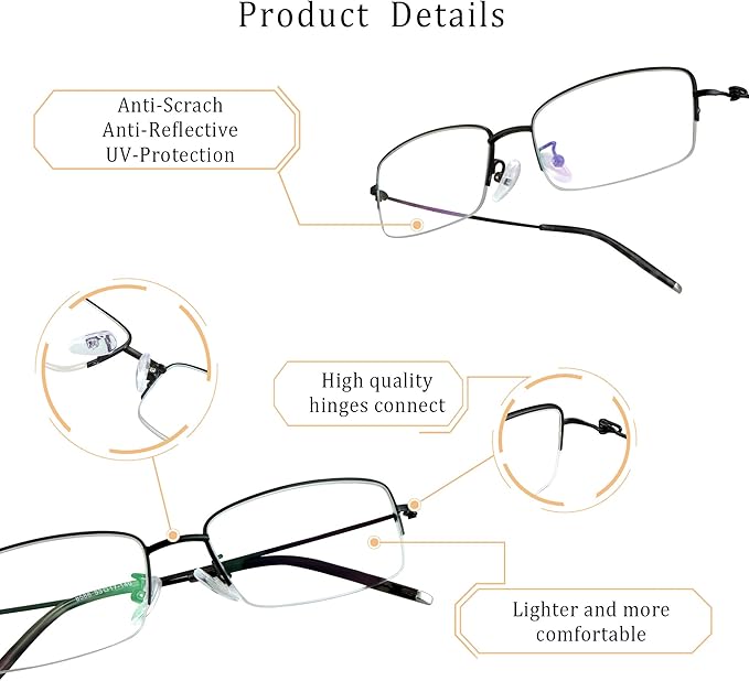 LifeArt Alloy Semi-Rimless Reading Glasses,Blue Light Blocking Glasses, Anti Eyestrain, Computer Gaming Glasses, TV Glasses for Men, Anti Glare (Black, +3.75 Magnification)