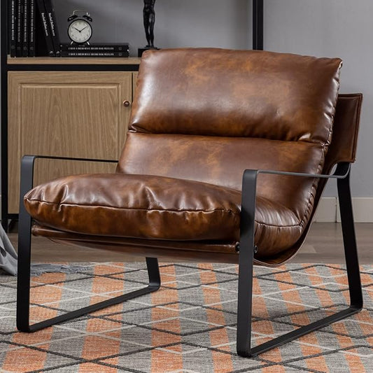 Mid-Century Accent Chair, Comfy PU Leather Side Chair with Armrest, Upholstered Leisure Chair with Black Metal Frame for Living Room Bedroom Reception Room, Brown