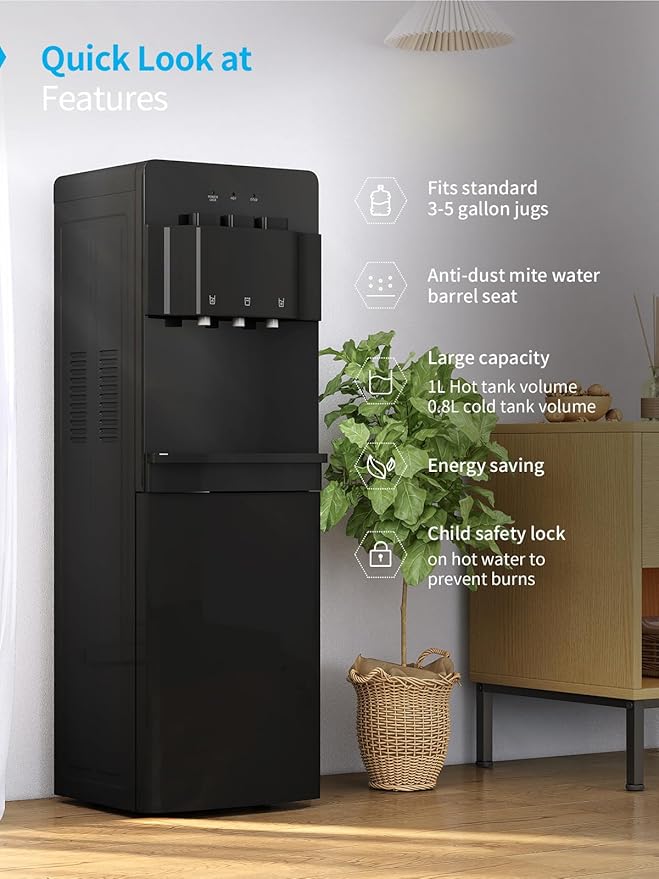 TABU Bottom Loading Water Cooler Dispenser with 3 Temperature Settings of Hot, Cold, Room Water, 3 or 5 Gallon Water Dispenser with Anti-Scalding & Child Safety Lock, Black