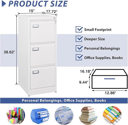 3 Drawer File Cabinet, Filing Cabinets for Home Office, Metal Vertical File Storage Cabinet with Lock, Locking File Cabinet for A4 Legal/Letter, 15" W x 17.7" D x 38.6" H, Assembly Required