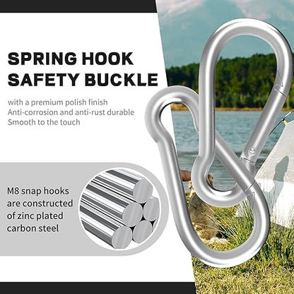 50PCS M5 Spring Snap Hook Carabiner, Heavy Duty Galvanized Steel Carabiner Clip, 220LBS Holding Capacity Spring Clips for Hammock Swing Outdoor Travel