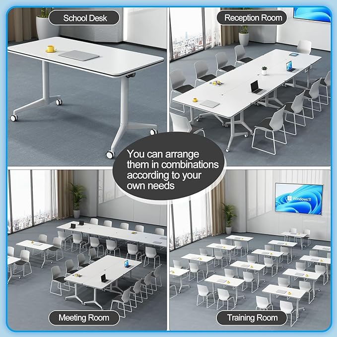 Conference Table, Folding Conference Room Tables on Wheels, Modern Meeting Seminar Table Computer Desk, Boardroom Desk for Office Meeting Conference Room,White,4 Pack 47.2inch