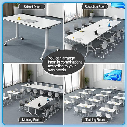 Conference Table, Folding Conference Room Tables, Modern Flip Top Seminar Training Meeting Table with Wheels, Modular Foldable Conference Tables for Home Office Classr (White 6 Pack, 70.8inch)