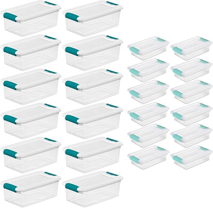 Sterilite 6 Quart Clear Latch Lid Stackable Storage Box Tote, 12 Pack, and Small Clear Latch Lid File Clip Box, 12 Pack for Household Organization