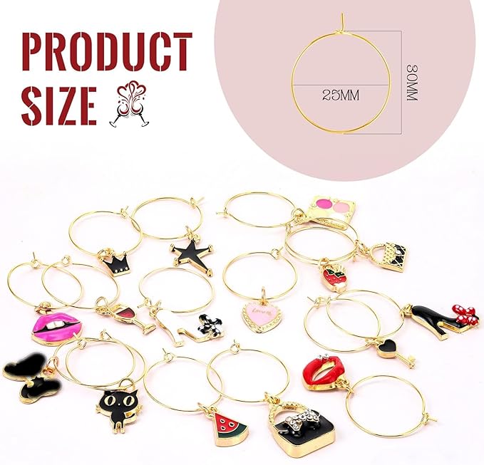 Junkin 24 Pcs Wine Glass Charms Markers Tags for Stem Glasses Drink Markers Wine Charm Ring Identifier for Wedding Bachelorette Tasting Holiday Party Favor Decoration (Cute Style)