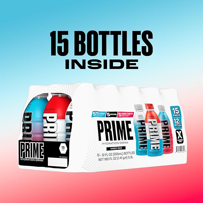PRIME HYDRATION Variety - Blue Freeze, Cherry Freeze, ICE POP Sports Drinks, Electrolyte Enhanced for Ultimate Hydration, 250mg BCAAs, B Vitamins, Antioxidants, Low Sugar, 12 Fl Oz, 15 Pack