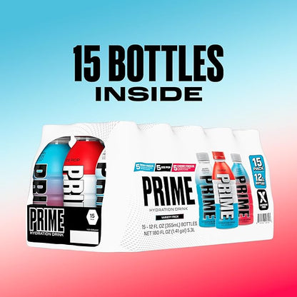 PRIME HYDRATION Variety - Blue Freeze, Cherry Freeze, ICE POP Sports Drinks, Electrolyte Enhanced for Ultimate Hydration, 250mg BCAAs, B Vitamins, Antioxidants, Low Sugar, 12 Fl Oz, 15 Pack