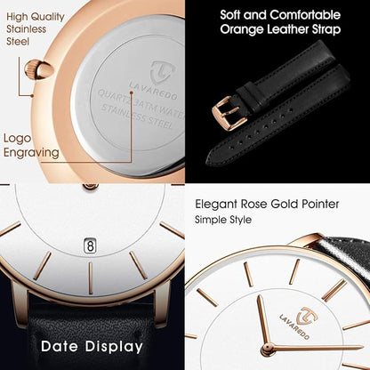 L LAVAREDO Watch for Men, Extremely Thin Mens Watches Minimalist Analog Men's Leather Wrist Watches with Time/Date, Birthday Gift for Men Boyfriend