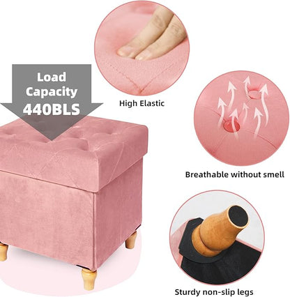 CAROLMADE Folding Storage Ottoman Cube Velvet Footstool with Wood Legs Ottoman Footrest for Living Room and Bedroom Pink, Grey 15"x12.6"x15.4"