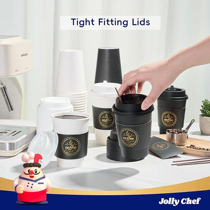 JOLLY CHEF 100 Pack 12 oz Disposable Coffee Cups Hot Beverage Paper Coffee Cups with Lids, Sleeves and Stirrers (Black and White)