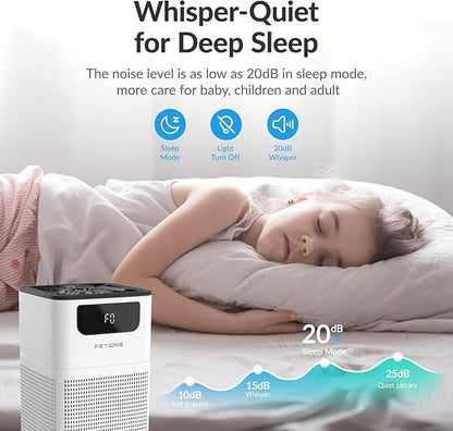 Air Purifiers for Bedroom Home, FETIONS Air Cleaner with Fragrance Sponge Sleep Mode 3-in-1 Filtration System, Compact with H13 HEPA Filter for Pet Dander Pollen Smoke Dust Odor, White,1 Pack