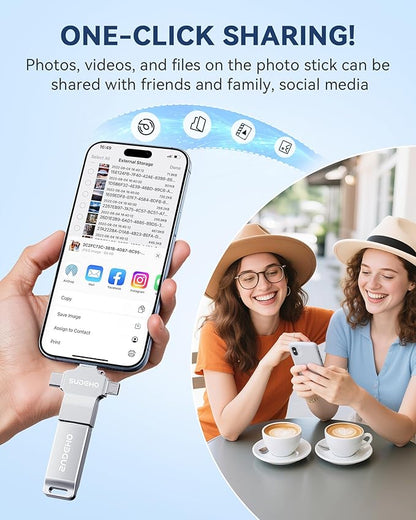 MFi Certified Photo Stick 256GB USB Flash Drive for iPhone, 4 in 1 External Memory Thumb Drive for Picture Video Saver and Backup, High Speed Memory Stick Pen Drive for iPhone/iPad/Android/PC (Silver)