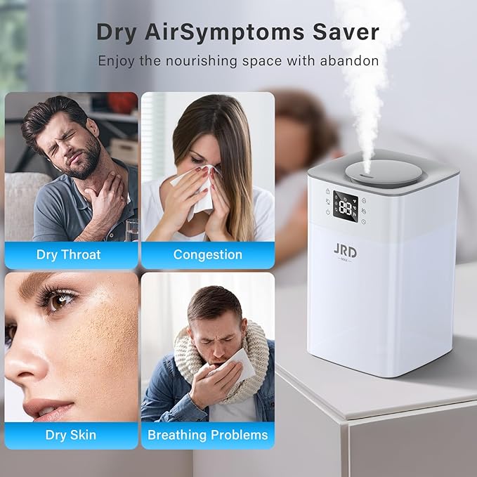 JRD 4L Humidifiers for Bedroom, Cool Mist Humidifier for Large Room, 40H Runtime, 360° Nozzle, Night Light for Home, Office, Baby Nursery, Plants（Grey）