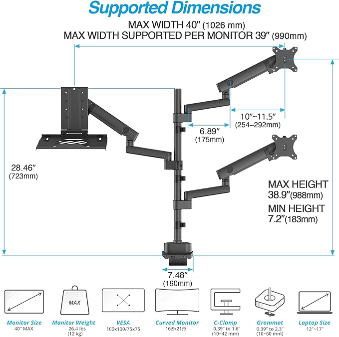AVLT Laptop & Dual 40 Inch Stacking Monitor Arm Pole Top Mount with USB-C USB-A Ports-Black, Supports 26.4 lbs (12kg), Ultrawide Screen Fit, VESA Compatible, Multi-Screen, Ergonomic Workspace Upgrade